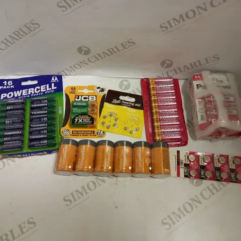 LOT OF LARGE QUANTITY OF BATTERIES TO INCLUDE KODAK SUPER HEAVY DUTY ZINZ AA, PANASONIC AA BATTERIES, HEARING AID BATTERIES, ETC