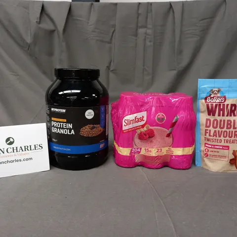 ASSORTMENT OF 3 FOOD AND DRINK ITEMS TO INCLUDE MY PROTEIN PROTEIN GRANOLA, SLIMFAST MULTIPACK, AND BAKERS WHIRLERS