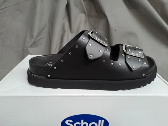 BOXED SCHOLL RAISED BLACK OPEN TOE SANDALS - SIZE 6