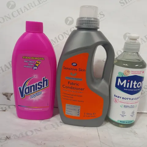 LOT OF APPROXIMATELY 10 ASSORTED HOUSEHOLD ITEMS TO INCLUDE MILTON BABY BOTTLE CLEANER, FABRIC CONDITIONER, VANISH LIQUID, ETC - COLLECTION ONLY