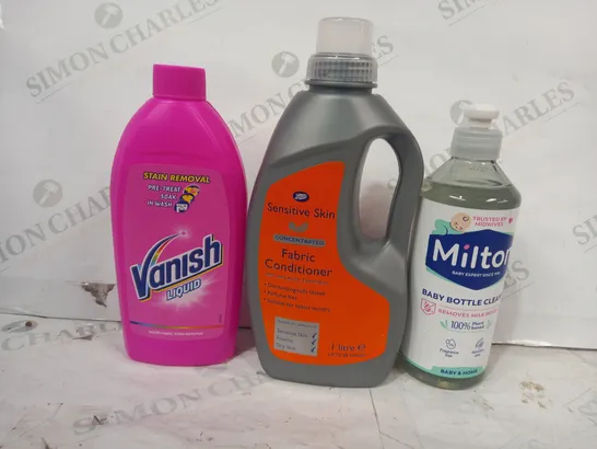 LOT OF APPROXIMATELY 10 ASSORTED HOUSEHOLD ITEMS TO INCLUDE MILTON BABY BOTTLE CLEANER, FABRIC CONDITIONER, VANISH LIQUID, ETC - COLLECTION ONLY