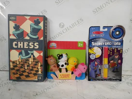 BOX OF APPROXIMATELY 15 ASSORTED TOYS AND GAMES TO INCLUDE MELISSA AND DOUG ON THE GO SECRET DECODER, GIGGLE AND GROW 4 FINGER PUPPETS, CHESS SET, ETC