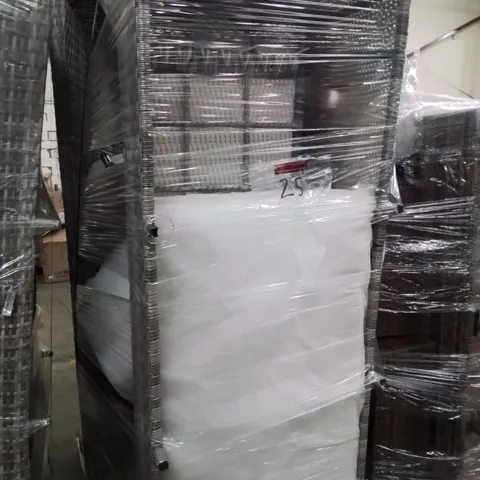 PALLET OF ASSORTED GREY RATTAN GARDEN FURNITURE PARTS INCLUDING TABLE TOP, SOFA SECTIONS & CUSHIONS.