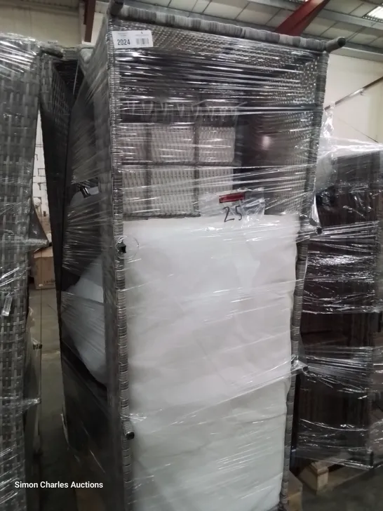 PALLET OF ASSORTED GREY RATTAN GARDEN FURNITURE PARTS INCLUDING TABLE TOP, SOFA SECTIONS & CUSHIONS.