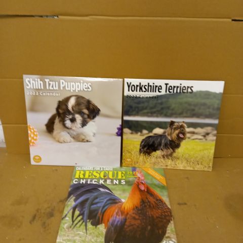 LOT OF 10 ASSORTED 2022 CALENDERS TO INCLUDE SHIHT TZU PUPPIES, YORKSHIRE TERRIERS AND CHICKENS