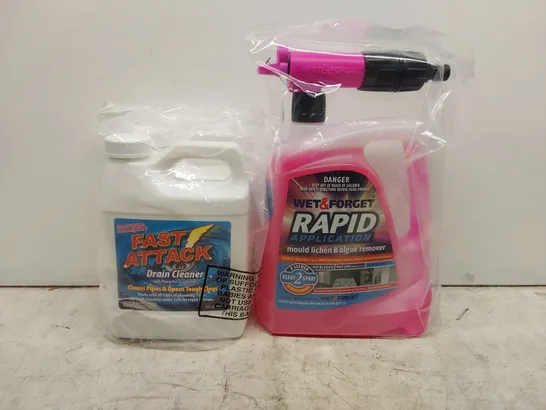 BOX OF APPROXIMATELY 2X 944ML FAST ATTACK DRAIN CLEANER AND 6X 2 LITRE WET&FORGET MOULD LICHEN & ALGAE REMOVER (2 BOXES)