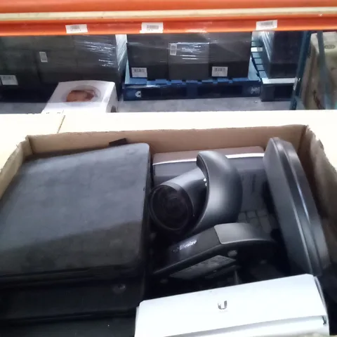 BOX OF ELECTRONICS INCLUDING LIFESIZE SECURITY CAMERAS, PLUSTECH SCAN , KEYBOARDS AND TABLE CASES WITH KEYBOARDS 