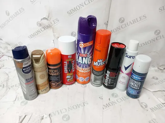 APPROXIMATELY 17 ASSORTED AEROSOL SPRAYS TO INCLUDE; CILIT BANG, PAINT FACTORY, NIVEA, 151, MR MUSCLE AND SURE