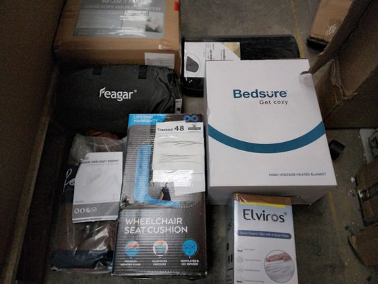 PALLET OF ASSORTED PRODUCTS TO INCLUDE; HANGING DOOR DRSFT EXCLUDER, ELVIROS MEMORY FOAM CERVICAL PILLOW, GEL INFUSED WHEEL CHAIR SEAT CUSHION AND GOODE DOWN FEATHER DUVET