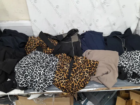 BOX OF APPROXIMATELY 10 ASSORTED PIECES OF CLOTHING IN VARIOUS STYLES, SIZES, AND BRANDS 