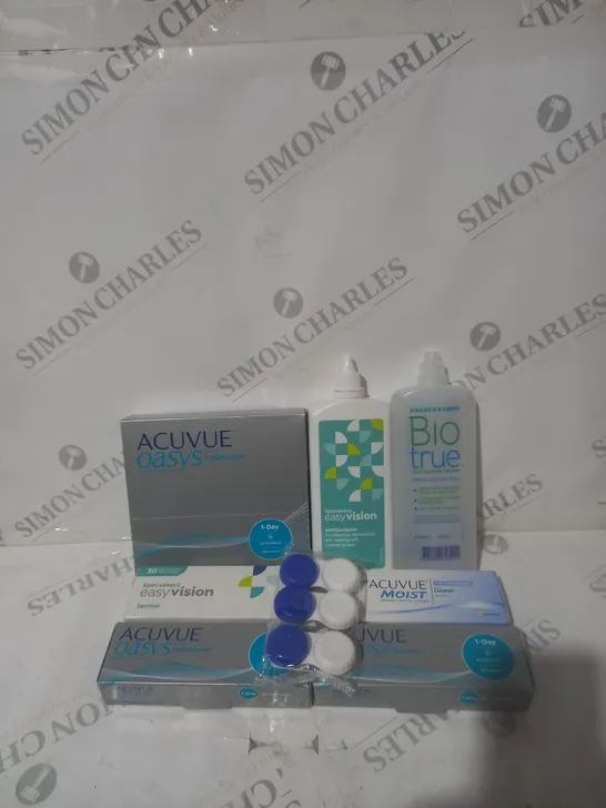 BOX OF APPROXIMATELY 30 ASSORTED CONTACT LENSES AND EYE TREATMENT TO INCLUDE ACUVUE, EASY VISION AND BIO TRUE 