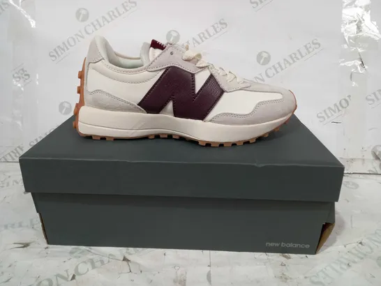 BOXED PAIR OF NEW BALANCE 327 SHOES IN CREAM/BROWN UK SIZE 6.5