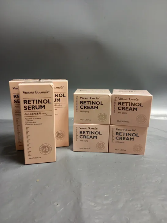 BOXED LOT OF 7 VIBRANT GLAMOUR RETINOL CREAM (30G) AND RETINOL SERUM (30ML)