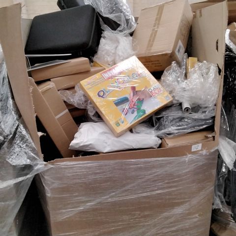 PALLET OF ASSORTED ITEMS INCLUDING HARD SUITCASES, PLAYCOLOUR SETS, WRAPPING PAPER, OFFICE FILES, PETFOOD TRAYS.