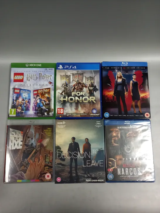 APPROXIMATELY 20 ASSORTED DVD/VIDEO GAMES TO INCLUDE NARCOS, FOR HONOR, BATMAN ETC 