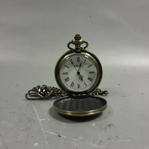 BOXED EDISON MENS QUARTZ POCKET WATCH WITH CHAIN SATIN GOLD 