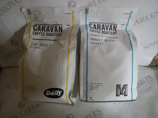 BOX OF 2 ASSORTED CARAVAN COFFEE ROASTERS PRODUCTS TO INCLUDE THE DAILY BLEND 1KG & MARKET BLEND ORGANIC 1KG