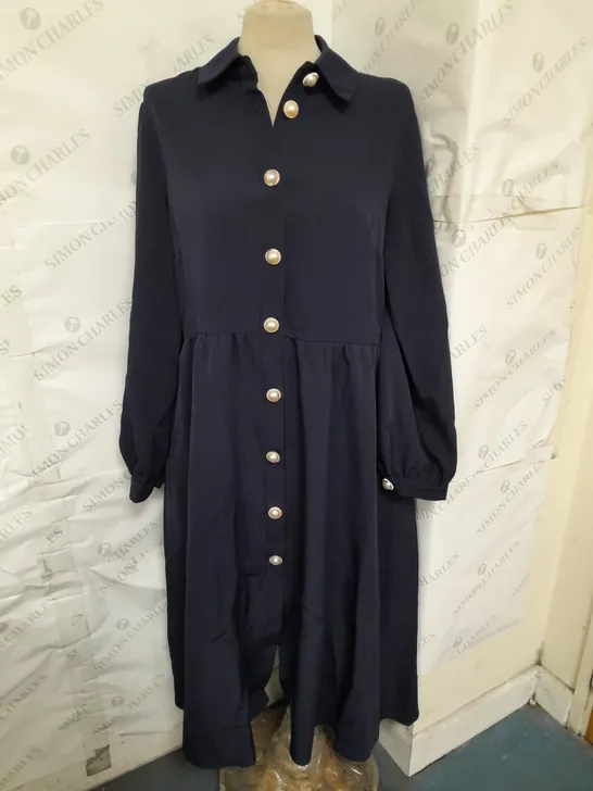 HELENE BERMAN SHIRT DRESS FAUX PEARL BUTTON DETAIL NAVY SIZE 10 