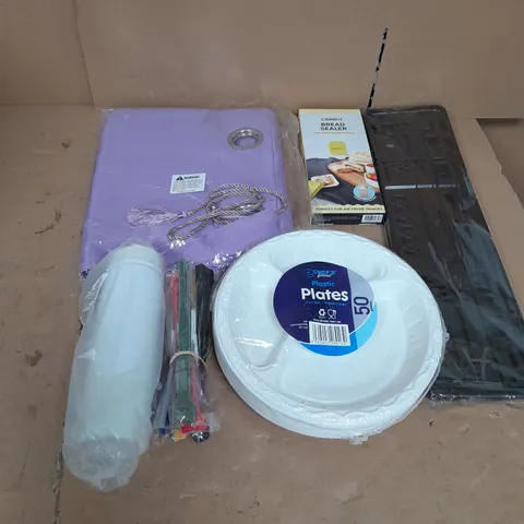 LARGE QAUNTIITY OF ASSORTED HOUSEHOLD ITEMS TO INCLUDE PLASTIC PLATES, BREAD SEALER AND WATER FLASKS