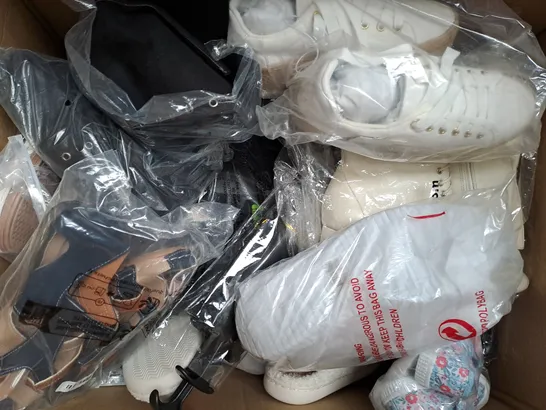 BOX OF APPROXIMATELY 15 ASSORTED PAIRS OF SHOES AND FOOTWEAR ITEMS IN VARIOUS STYLES AND SIZES TO INCLUDE MOUNTAIN WAREHOUSE, PRIMARK, ETC