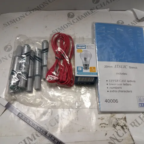 LOT OF 5 ASSORTED ITEMS TO INCLUDE LETTERING STENCILS, WHITEBOARD MARKERS AND PLUG TEST LEADS