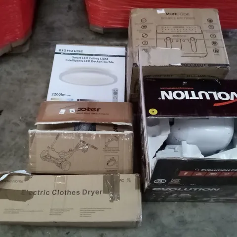 PALLET OF ASSORTED ITEMS INCLUDING MONCOOK DOUBLE AIR FRYER, BIGHOUSE SMART LED CEILING LIGHT, ISCOOTER ELECTRIC CLOTHES DRYER, BATHROOM MIRROR