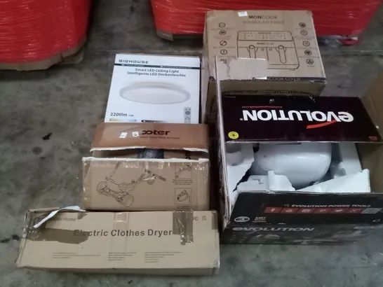 PALLET OF ASSORTED ITEMS INCLUDING MONCOOK DOUBLE AIR FRYER, BIGHOUSE SMART LED CEILING LIGHT, ISCOOTER ELECTRIC CLOTHES DRYER, BATHROOM MIRROR