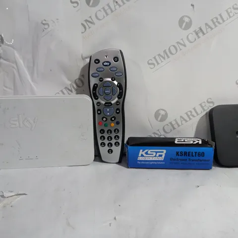 BOX OF APPROXIMATELY 10 ASSORTED ITEMS TO INCLUDE - SKY REMOTE - ELECTRICAL TRANSFORMER - SKY Q BOX ECT