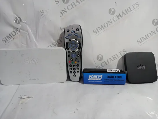 BOX OF APPROXIMATELY 10 ASSORTED ITEMS TO INCLUDE - SKY REMOTE - ELECTRICAL TRANSFORMER - SKY Q BOX ECT