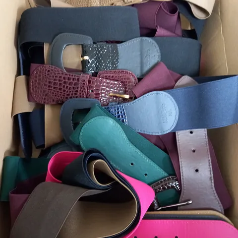 BOX OF APROX 10 KIM AND CO BELTS IN DIFFERENT SIZES AND COLORS 