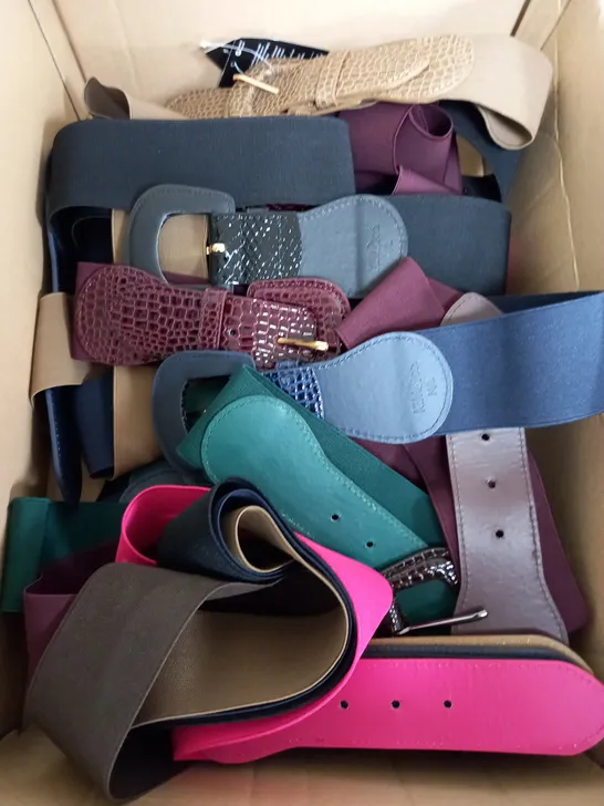 BOX OF APROX 10 KIM AND CO BELTS IN DIFFERENT SIZES AND COLORS 