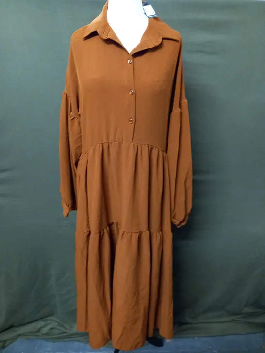 BOOHOO OVERSIZED TIERED MAXI SHIRT DRESS IN RUST - 10