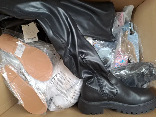 BOX OF APPROXIMATELY 15 ASSORTED PAIRS OF SHOES AND FOOTWEAR ITEMS IN VARIOUS COLOURS, STYLES, AND SIZES