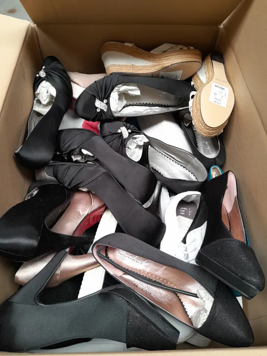 BOX OF APPROXIMATELY 10 ASSORTED PAIRS OF SHOES IN VARIOUS SIZES, COLOURS AND STYLES