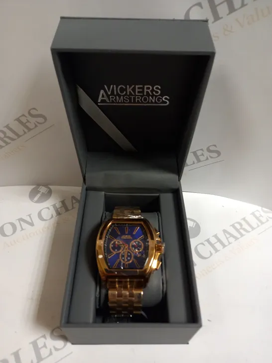 BOXED VICKERS ARMSTRONGS ATMOSPHERE ROSE GOLD STRAP BLUE DIAL WATCH 