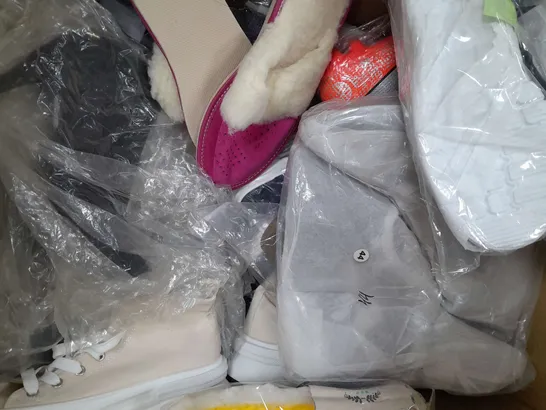 BOX OF APPROXIMATELY 15 ASSORTED PAIRS OF SHOES AND FOOTWEAR ITEMS IN VARIOUS COLOURS, STYLES, AND SIZES 