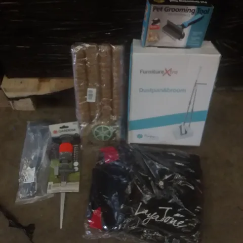 PALLET OF ASSORTED ITEMS INCLUDING SPRINKLER, WETSUIT, DUSTPAN AND BROOM