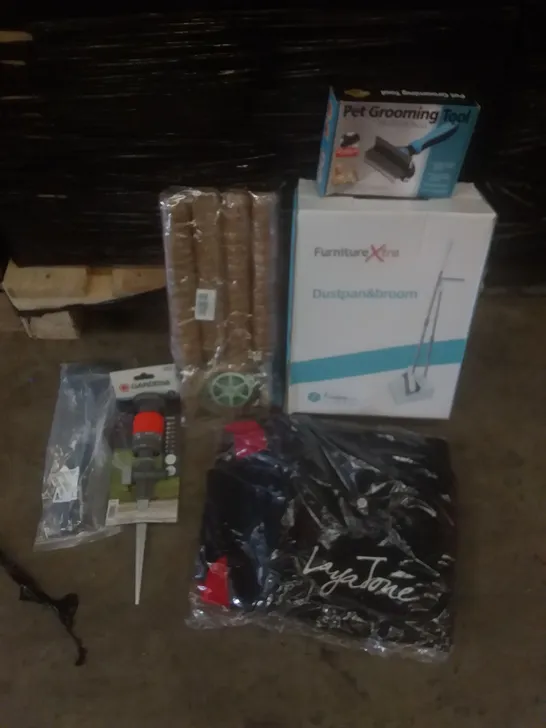 PALLET OF ASSORTED ITEMS INCLUDING SPRINKLER, WETSUIT, DUSTPAN AND BROOM