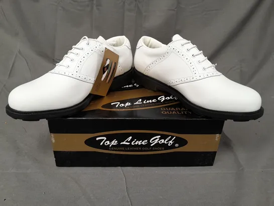 BOX OF APPROXIMATLY 10 BOXED PAIRS OF WHITE/WHITE TOP LINE GOLF SHOES IN VARIOUS SIZES