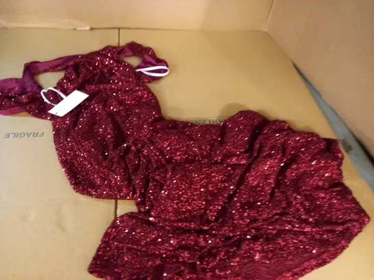 CLUB OF LONDON BERRY SEQUIN HALTERNECK MAXI DRESS - UK 10