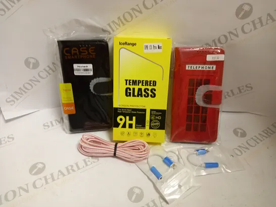 LOT OF APPROXIMATELY 20 ASSORTED PHONES ACCESSORIES TO INCLUDE lightning CONNECTOR TO AUX CABLES, ICERANGE BOX OF 10 TEMPERED GLASS SCREEN PROTECTORS, SAMSUNG PHONE CASES, ETC