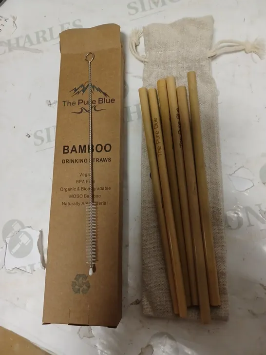 LOT OF 25 BRAND NEW THE PURE BLUE ORGANIC ECO-FRIENDLY BAMBOO DRINKING STRAWS (6PC) WITH CLEANING BRUSH AND NATURE-FRIENDLY JUTE BAG