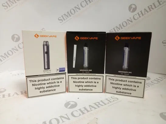 APPROXIMATELY 20 ASSORTED BOXED GEEKVAPE PRODUCTS TO INCLUDE WENAX H1, ONE, 1FC ETC. 