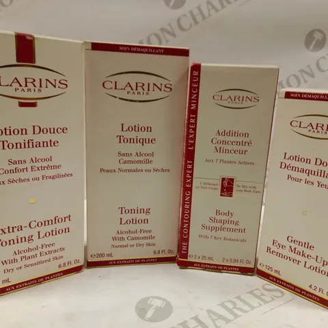 LOT OF APPROX 12 CLARINS PARIS PRODUCTS INCLUDING GENTLE EYE MAKE UP REMOVER, BODY SHAPING SUPPLEMENT, TONING LOTION 