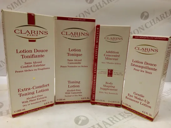 LOT OF APPROX 12 CLARINS PARIS PRODUCTS INCLUDING GENTLE EYE MAKE UP REMOVER, BODY SHAPING SUPPLEMENT, TONING LOTION 