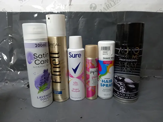 APPROXIMATELY 16 ASSORTED AEROSOLS TO INCLUDE AUTO EXTREME SPRAY PAINT IN BLACK GLOSS (220g), UNIQUE HAIR SPRAY (133ml), SURE BRIGHT BOUQUET (150Ml), ETC - COLLECTION ONLY