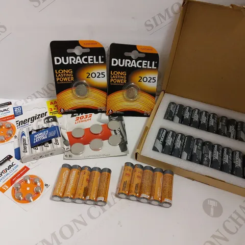 BOX OF APPROX 20 PACKS OF BATTERIES OF ASSORTED SIZES 