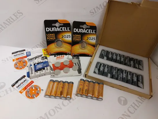 BOX OF APPROX 20 PACKS OF BATTERIES OF ASSORTED SIZES 