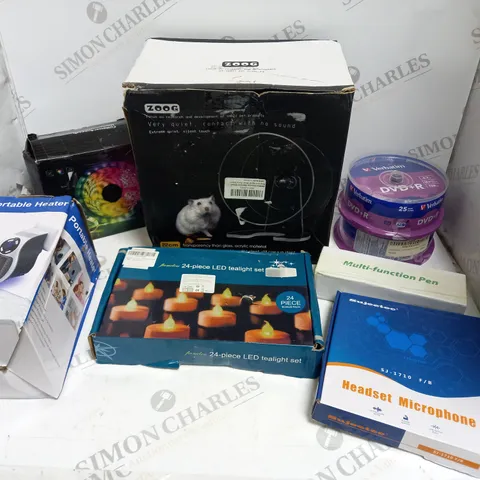 BOX OF APPROXIMATELY 20 ASSORTED ELECTRICAL & HOMEWARE PRODUCTS TO INCLUDE LED LIGHT STRIP, HEADSET MICROPHONE, PORTABLE HEATER ETC 