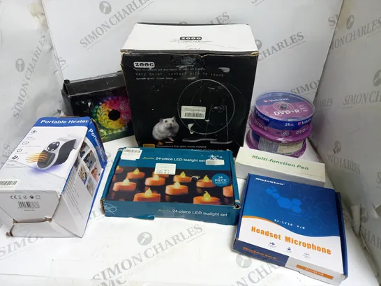 BOX OF APPROXIMATELY 20 ASSORTED ELECTRICAL & HOMEWARE PRODUCTS TO INCLUDE LED LIGHT STRIP, HEADSET MICROPHONE, PORTABLE HEATER ETC 